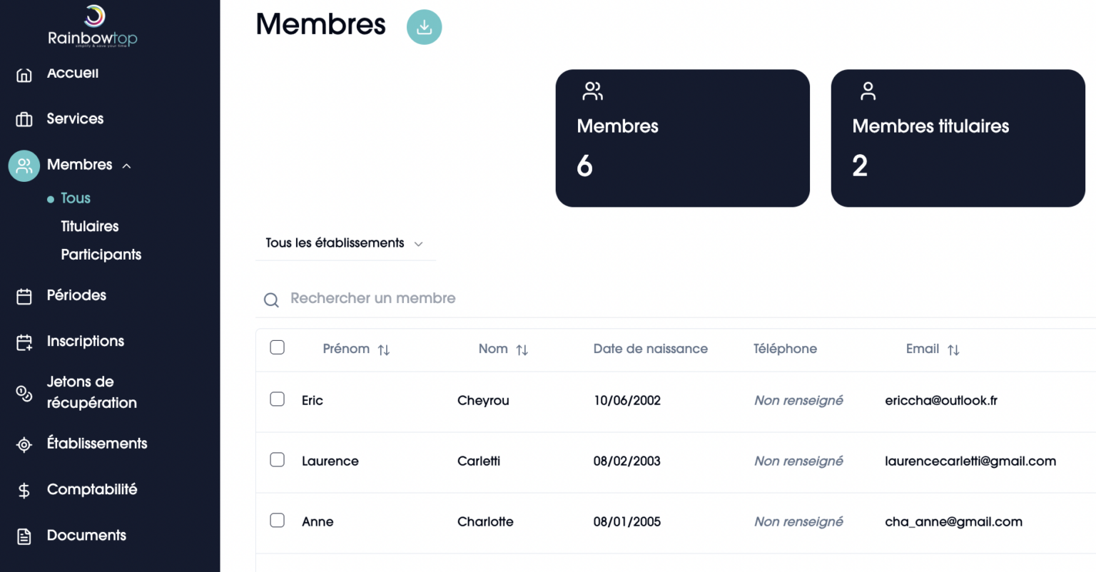 Interface RainbowTop — tableau de bord de gestion de club